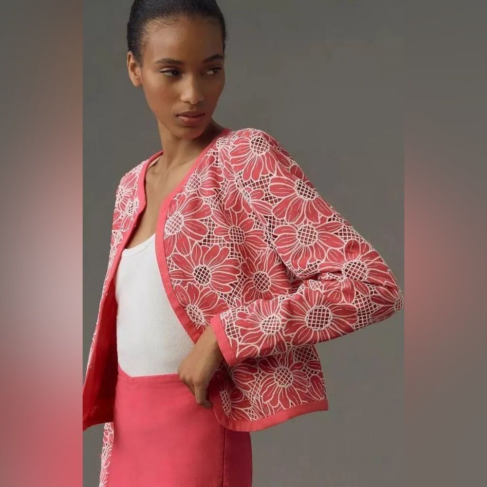 Anthropologie Pink and White Floral Suit Jacket - Picture 3 of 11
